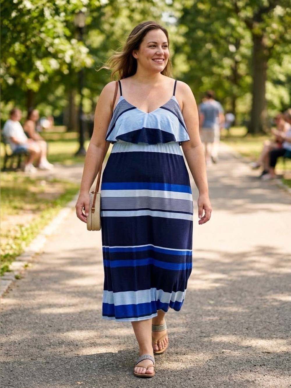 NWT Allison Brittney Blue Striped Ruffle Maxi Dress XL
